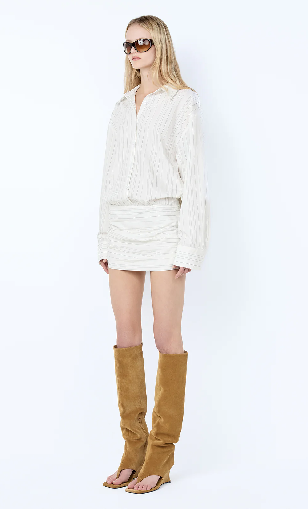 ROMI LONG SLEEVE MINI DRESS - IVORY/BLACK STRIPE - Image 2